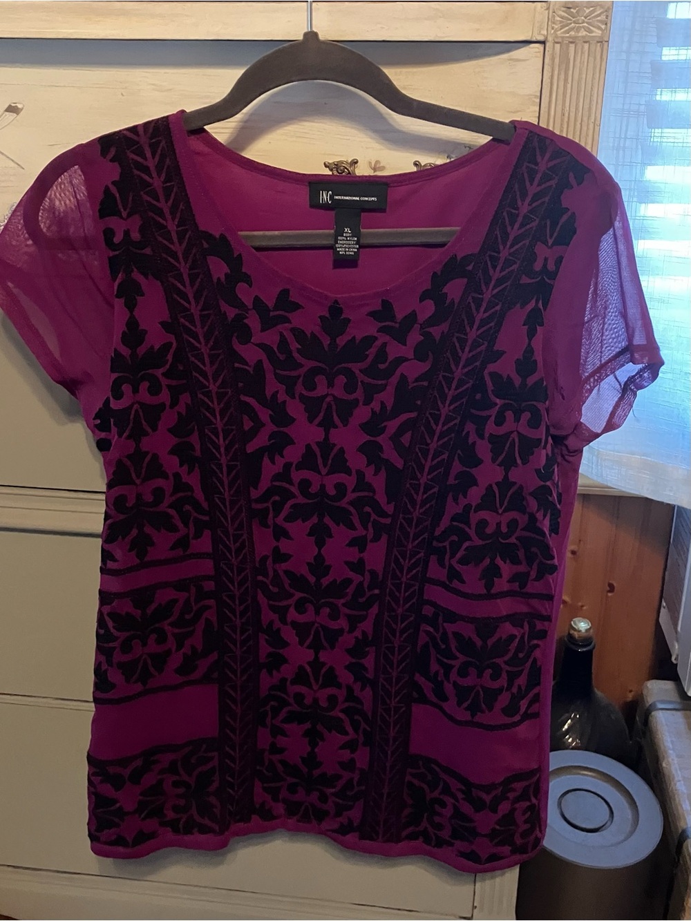 INC International Concepts Magenta Short-Sleeve Embroidered Mesh Top